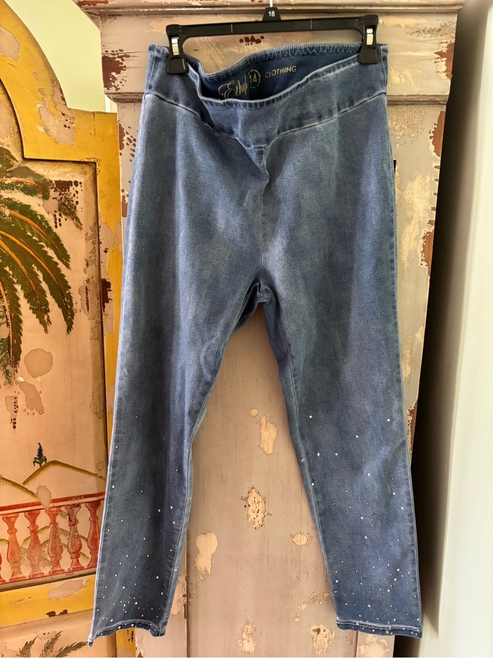 Embellished Cropped Denim Leggings - Blue